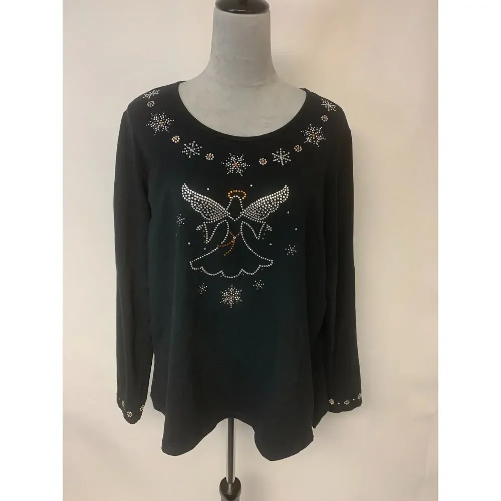 Quaker Factory Blouse Holiday Angel & Snowflake Sequins Causal 90s Womens Size L - Picture 1 of 9